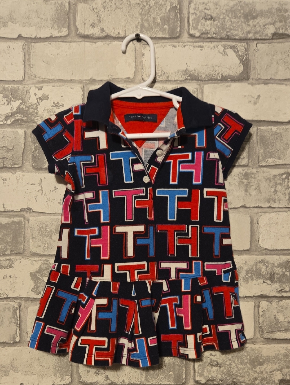 Tommy Hilfiger Navy Polo Dress with Multicolor TH Logo Print